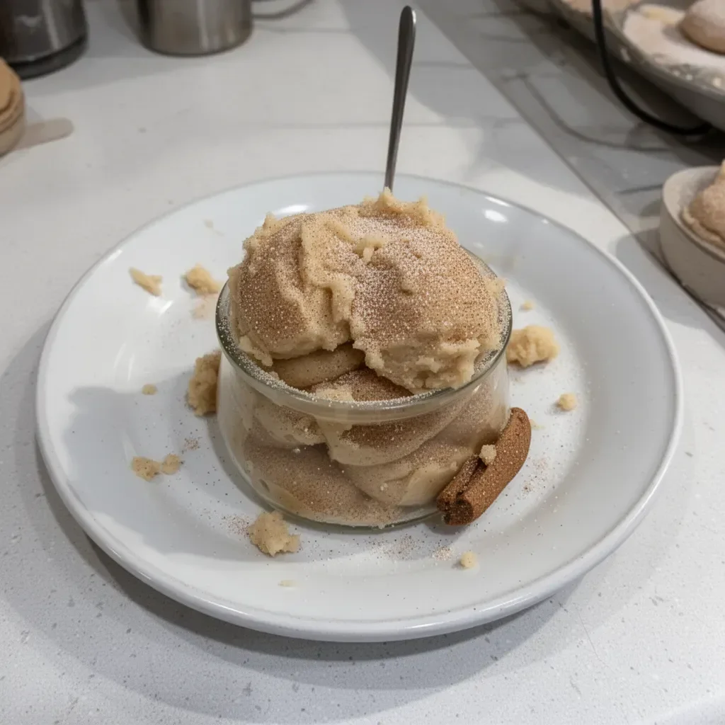 Delicious eggless snickerdoodle cookie dough in a bowl with a sprinkle of cinnamon.