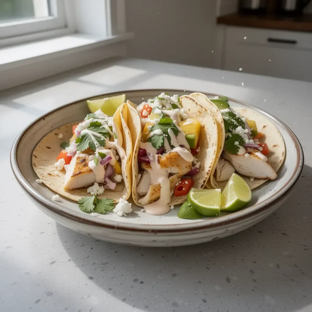 Delicious fish tacos with fresh toppings and vibrant colors.