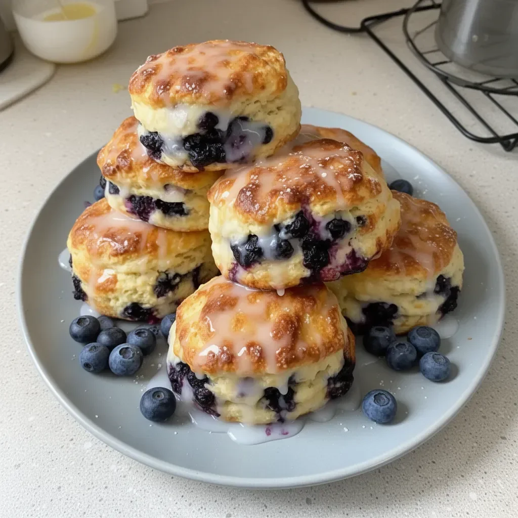Flaky blueberry biscuits topped with a delicious lemon glaze.