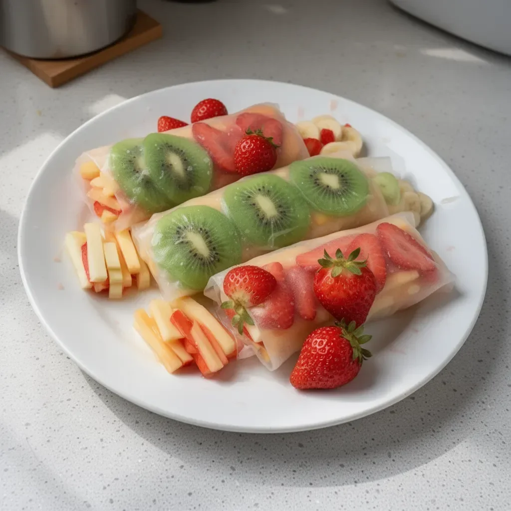 Colorful fruit spring rolls served on a plate, ideal for kids' parties.