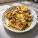 Plate of Garlic Butter Baked Cod garnished with herbs and lemon slices