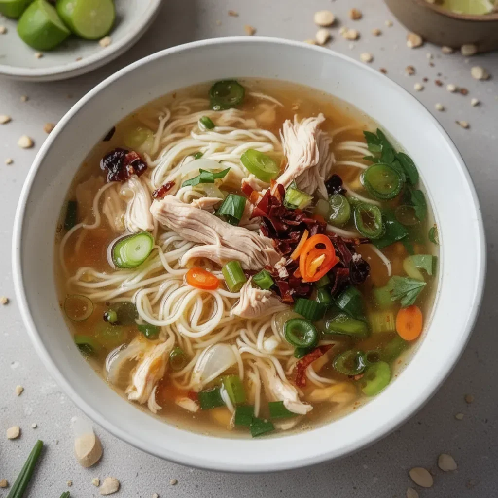 Bowl of Ginger Garlic Chicken Noodle Soup with vibrant herbs and noodles