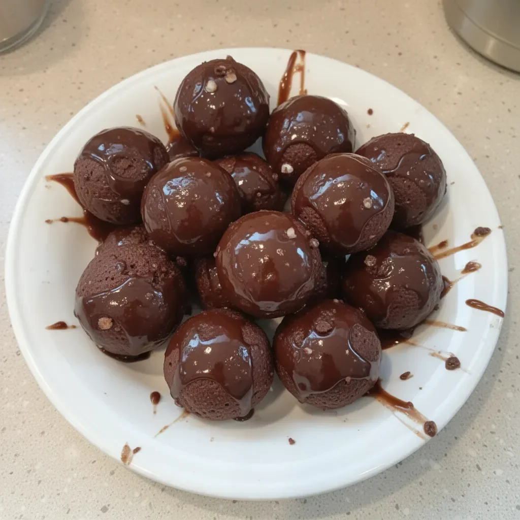 Glazed chocolate munchkins donut holes, a delicious treat for chocolate lovers.