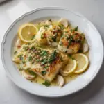 Plate of Gluten-Free Mediterranean Baked Cod with lemon and garlic seasoning
