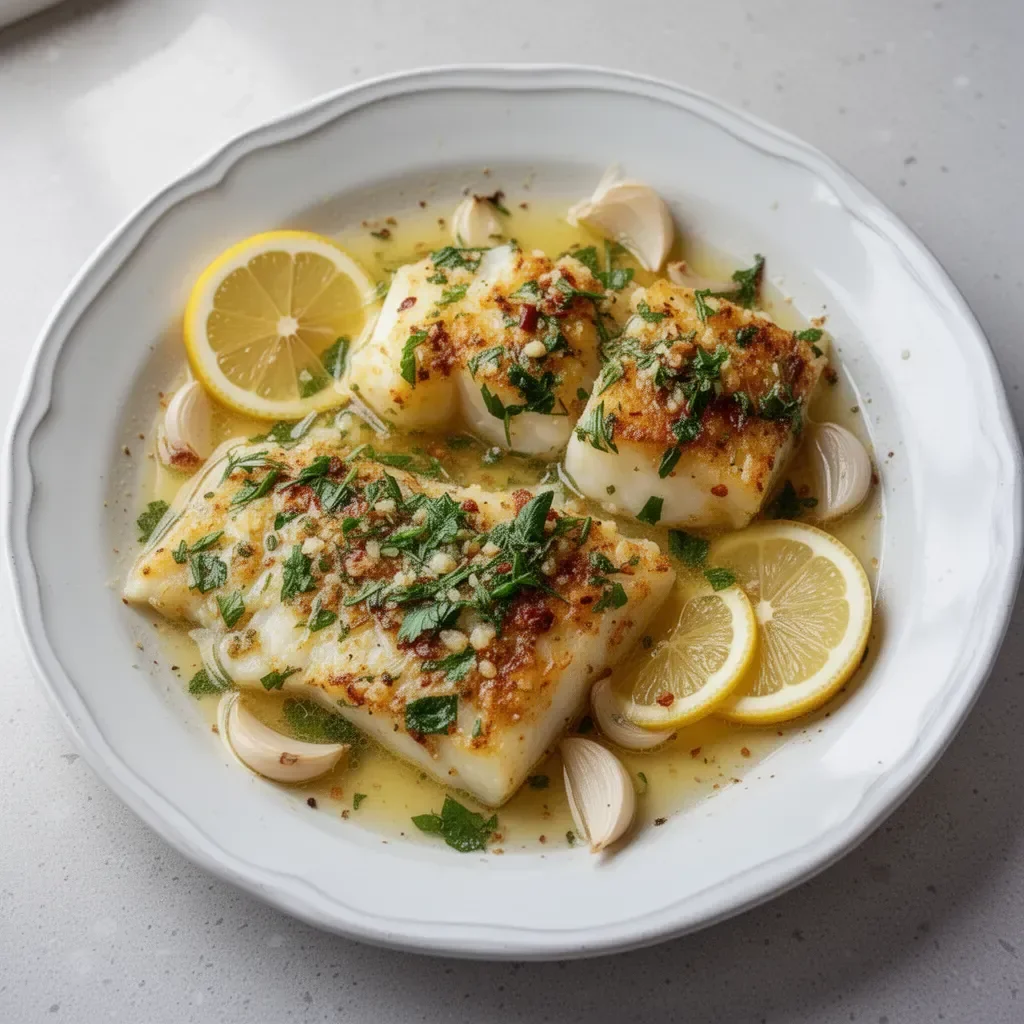 Plate of Gluten-Free Mediterranean Baked Cod with lemon and garlic seasoning