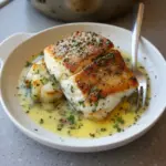 Golden seared cod fillet served with herb butter sauce on a plate