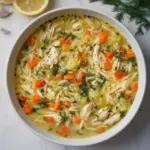 Bowl of Greek lemon chicken soup garnished with herbs and lemon slices.