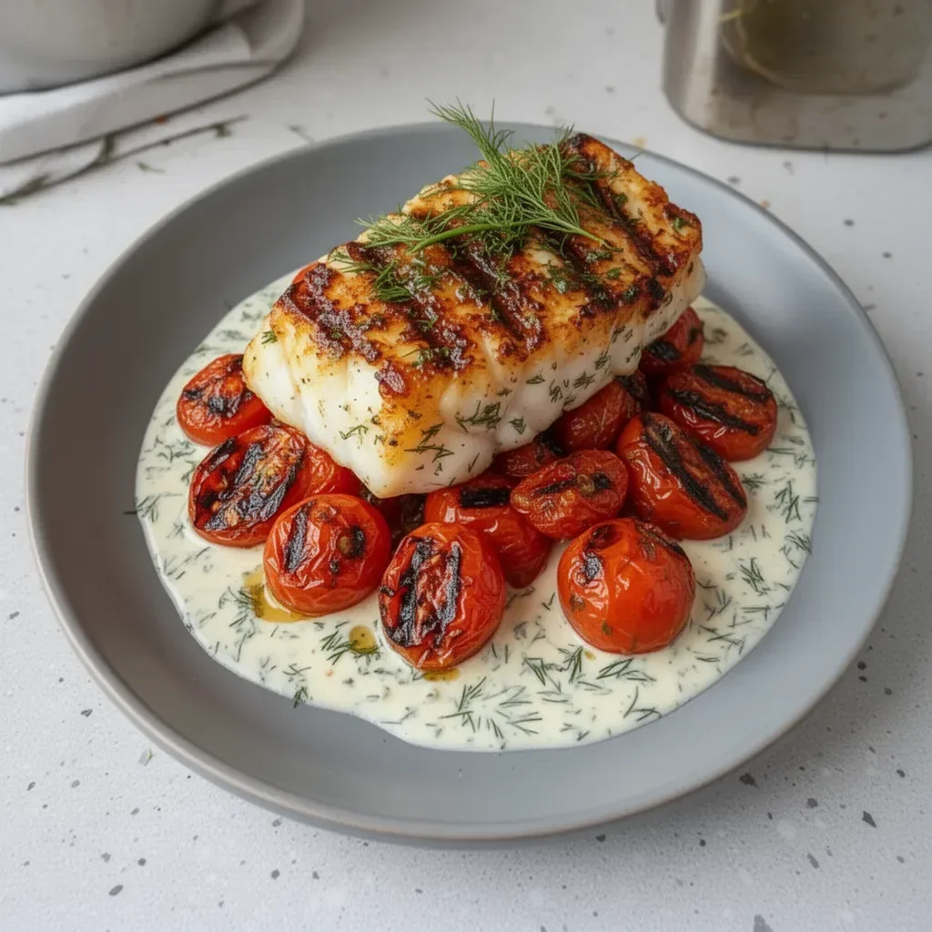 Grilled cod fillet served with roasted tomatoes and creamy dill sauce