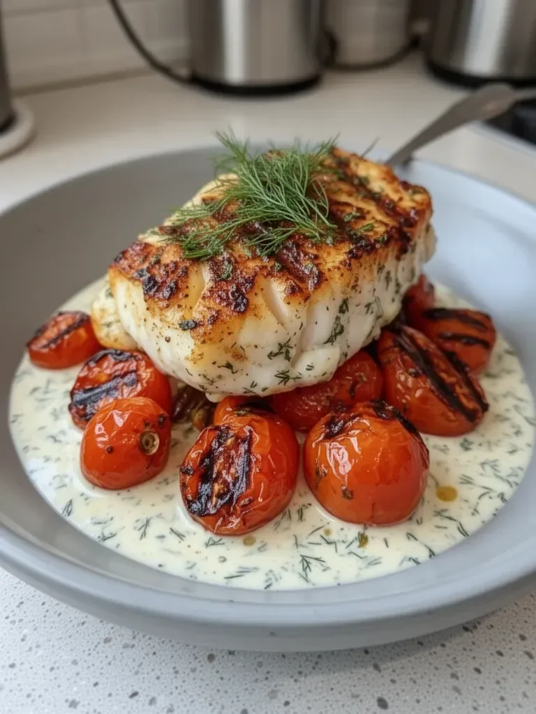 Grilled Cod with Roasted Tomatoes & Creamy Dill Sauce