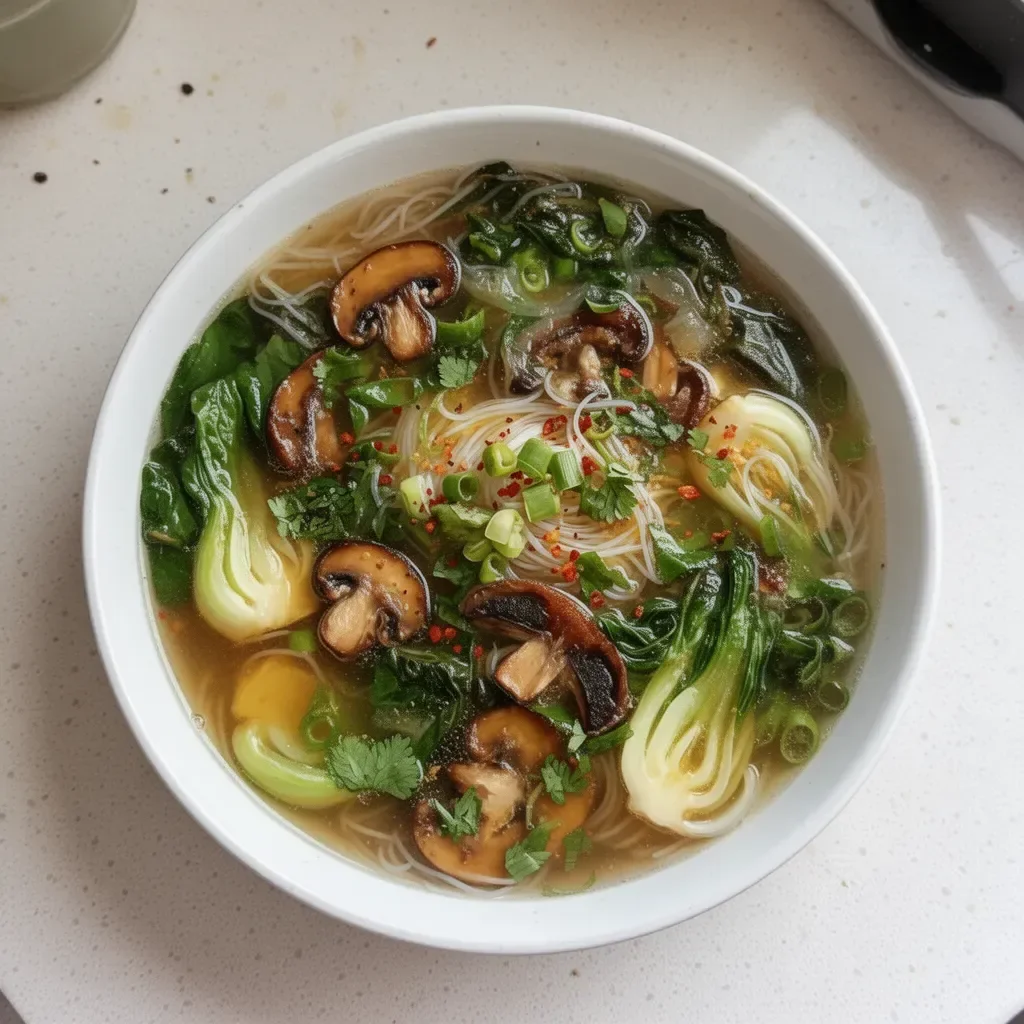 Healing ginger garlic broth with rice noodles in a bowl.