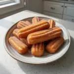 Healthy baked churro bites served on a plate with cinnamon sugar