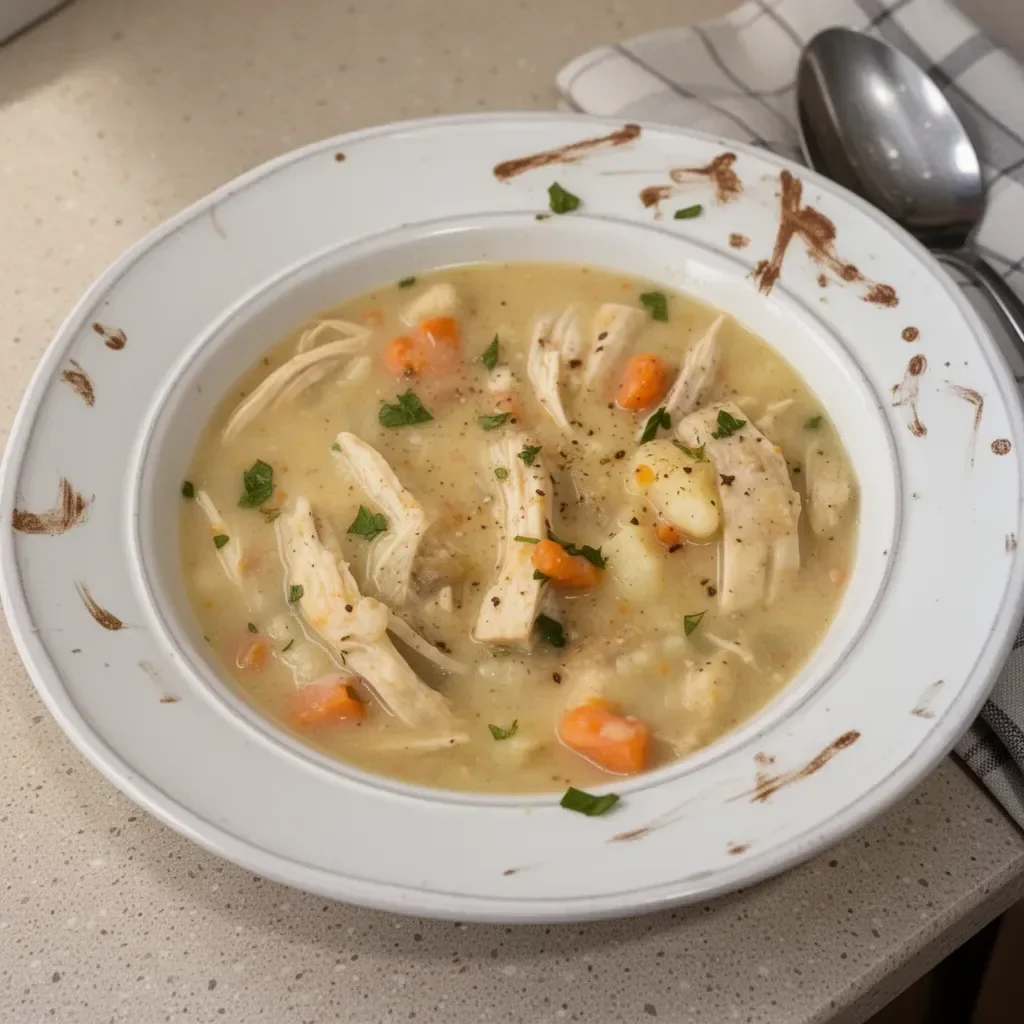 Bowl of Healthy Chicken Pot Pie Soup with vegetables and herbs