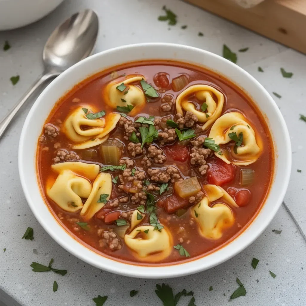 Bowl of healthy ground beef tortellini soup with fresh herbs and vegetables