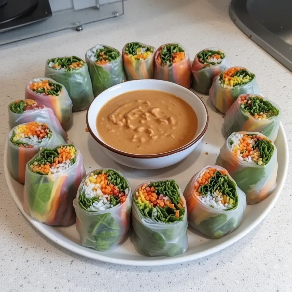 Delicious hearty veggie rolls served with creamy peanut sauce