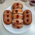 Fresh homemade jelly donuts dusted with powdered sugar