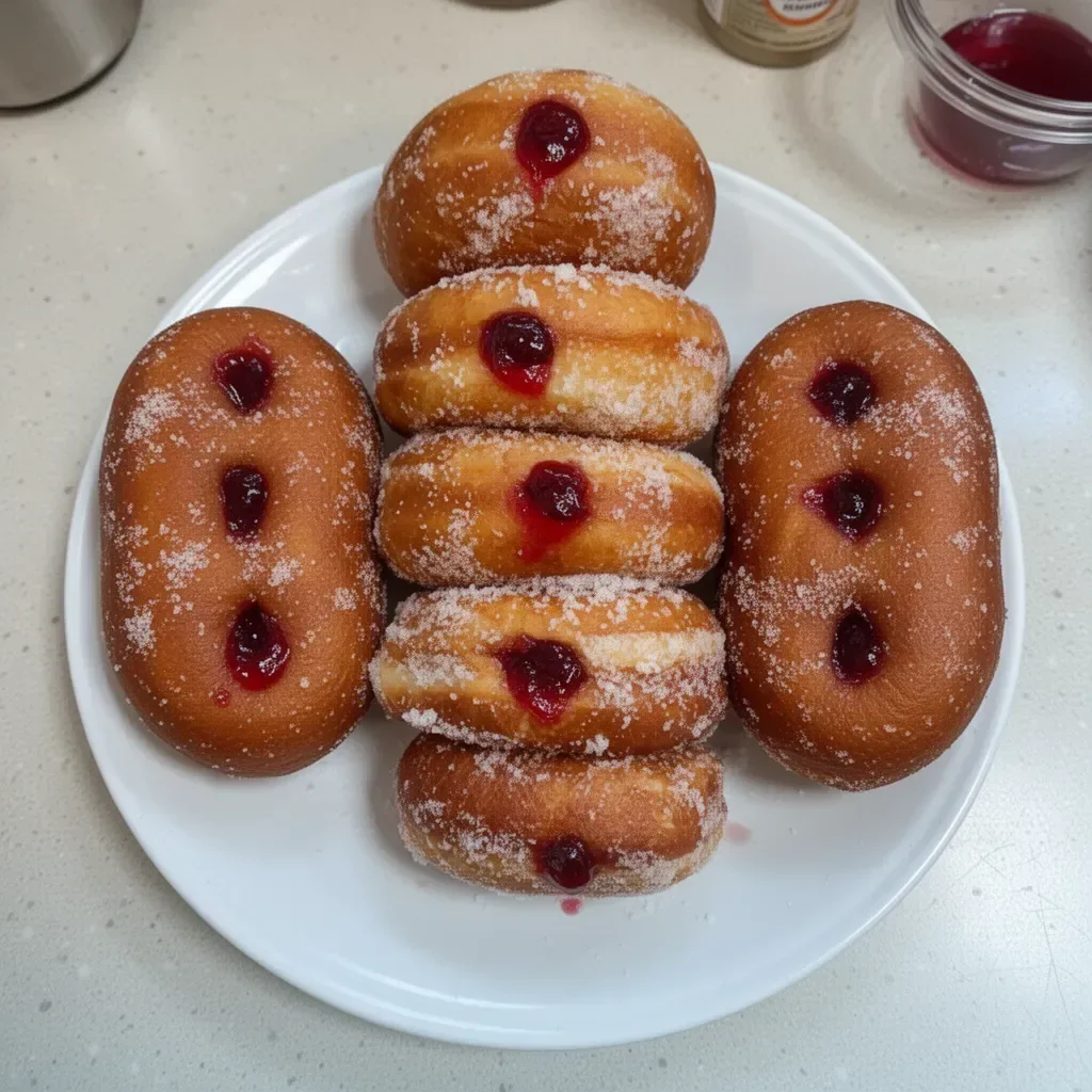 Fresh homemade jelly donuts dusted with powdered sugar