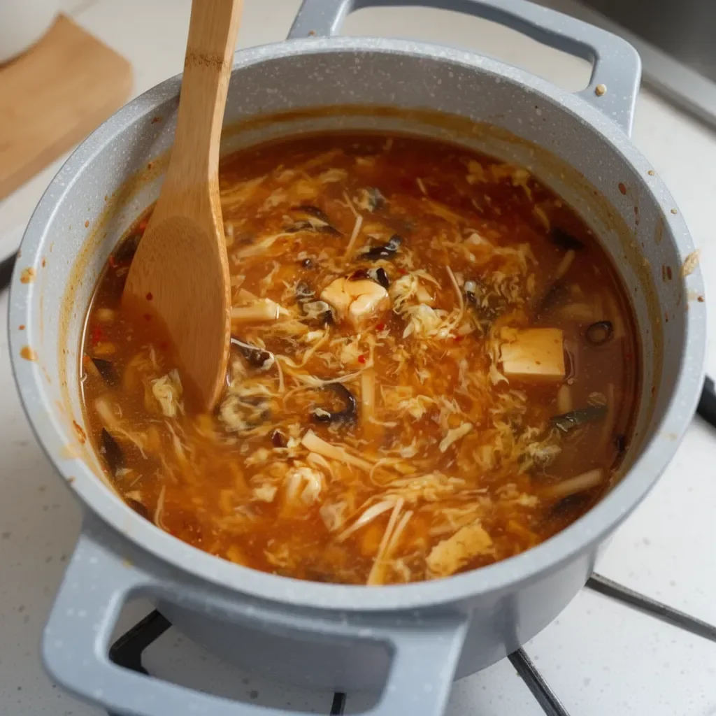 Bowl of flavorful hot and sour soup with ingredients visible