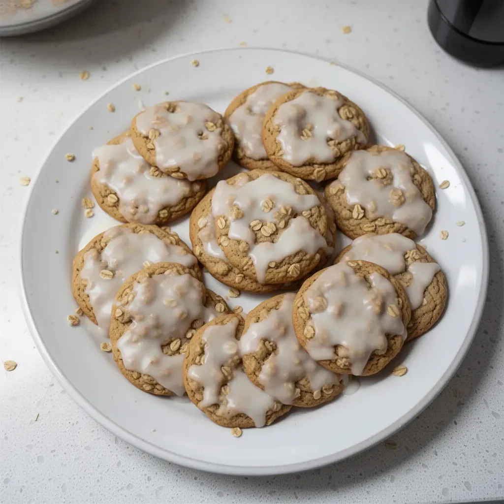 Delicious iced oatmeal cookies decorated with frosting, inspired by Crumbl.