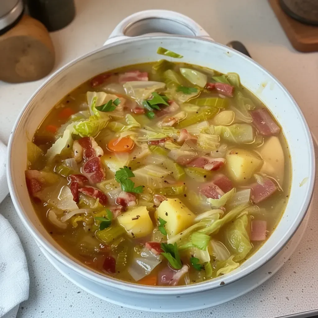 Bowl of Irish bacon, cabbage, and potato soup garnished with herbs