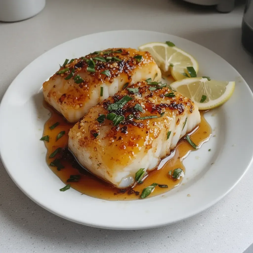 Baked honey marinated cod fillet served on a plate with herbs