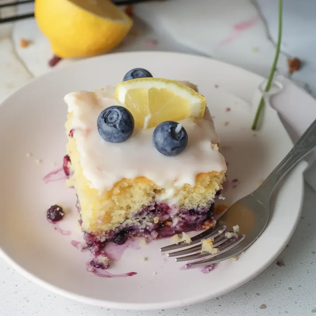 Delicious Lemon Blueberry Sheet Cake topped with fresh blueberries and lemon glaze.