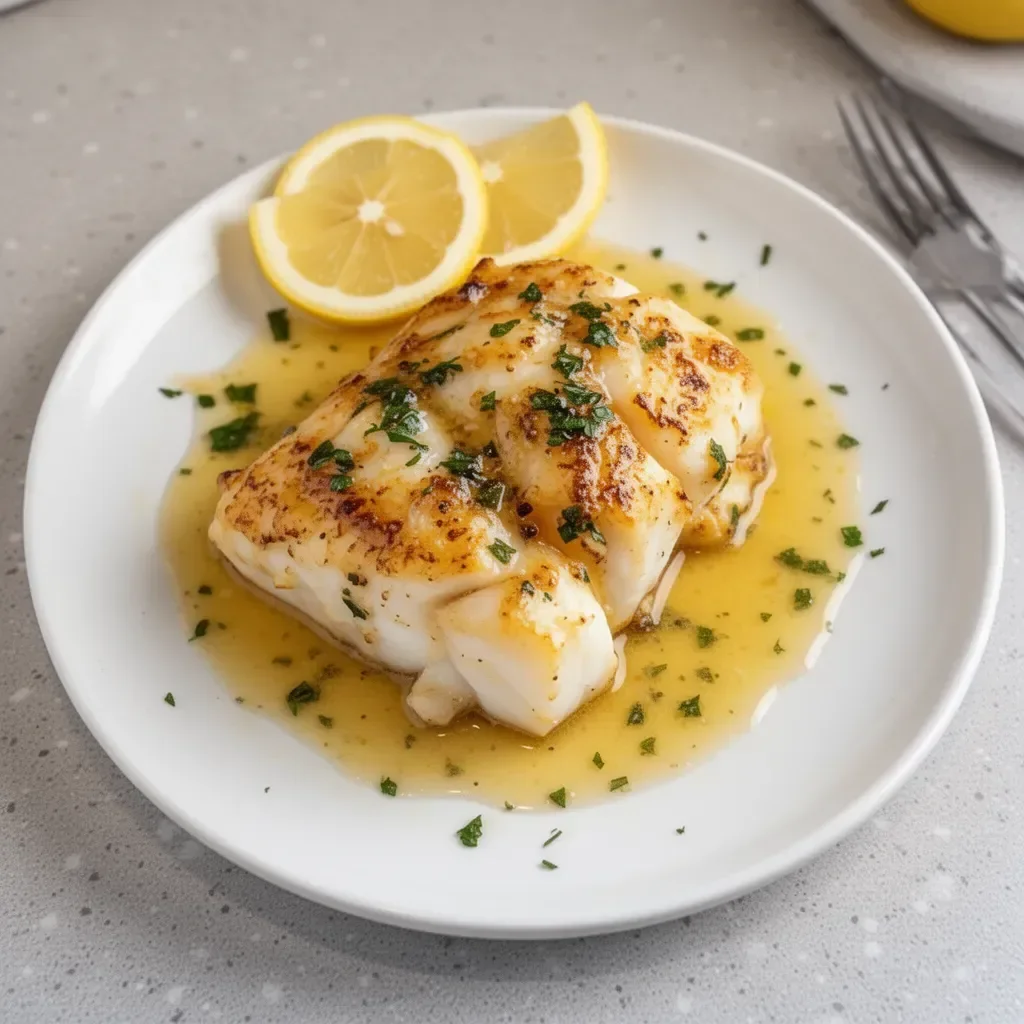 Lemon Butter Pan Seared Cod on a plate garnished with herbs and lemon slices