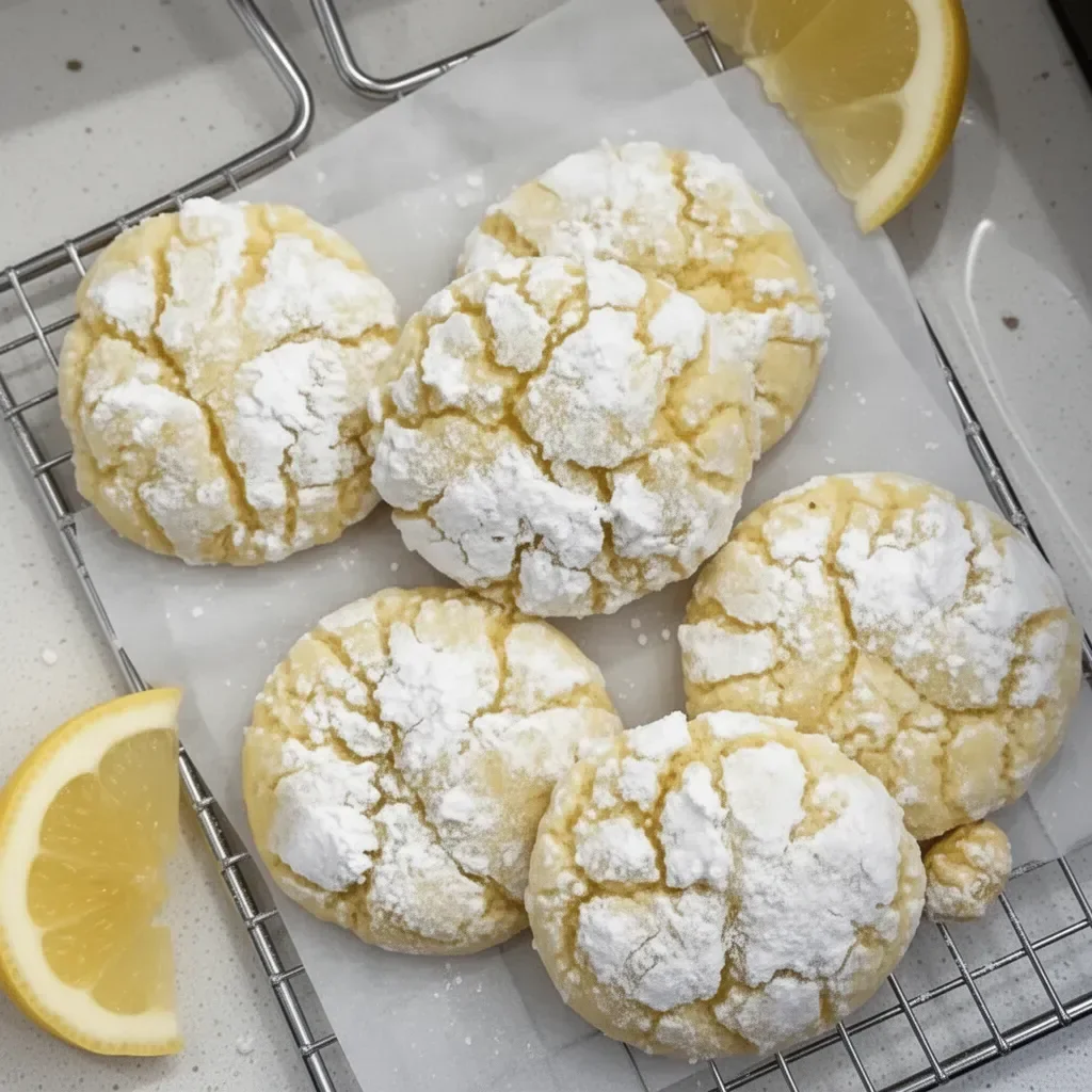 Freshly baked Lemon Crinkle Cookies on a plate, adorned with powdered sugar.