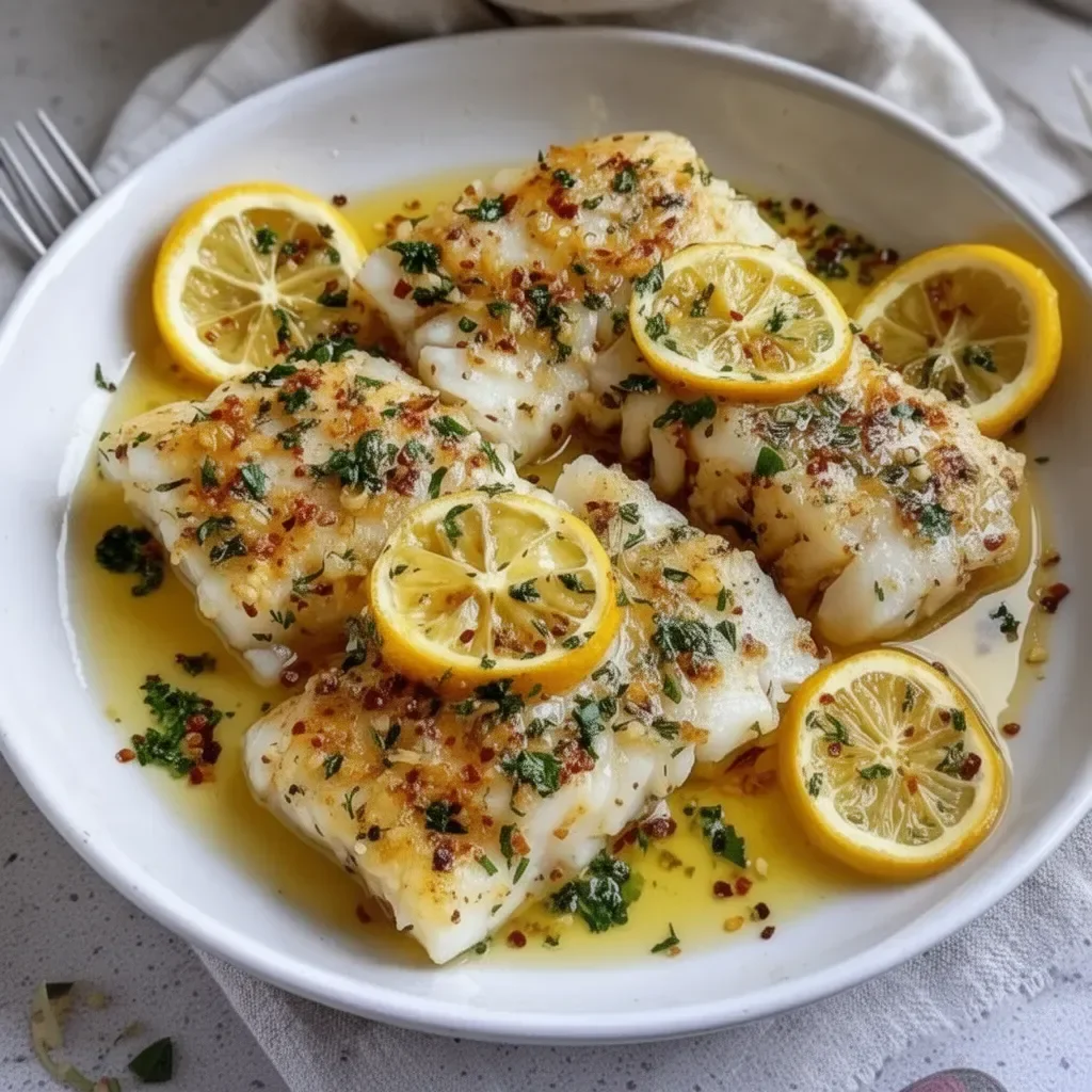 Plate of Lemon Garlic Butter Cod garnished with herbs and lemon slices