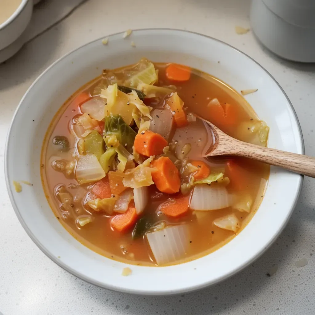 Low-calorie cabbage fat burning soup in a bowl with fresh vegetables