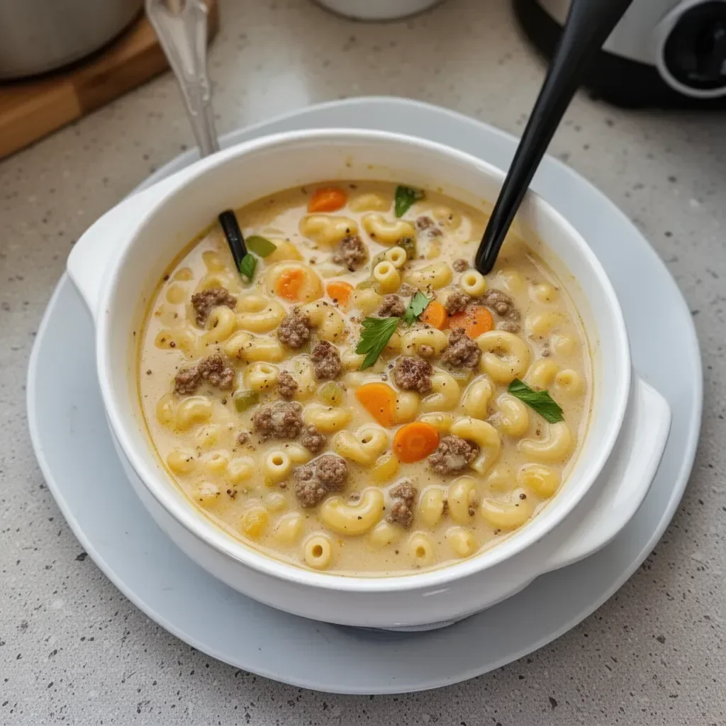Bowl of Macaroni Cheeseburger Soup topped with cheese and garnished with parsley