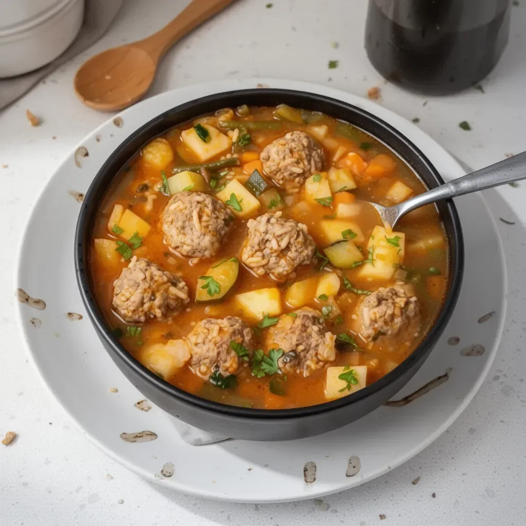 Bowl of delicious Meatball Soup garnished with herbs and vegetables
