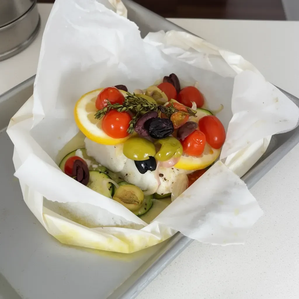 Mediterranean cod fillet in parchment with vegetables and herbs