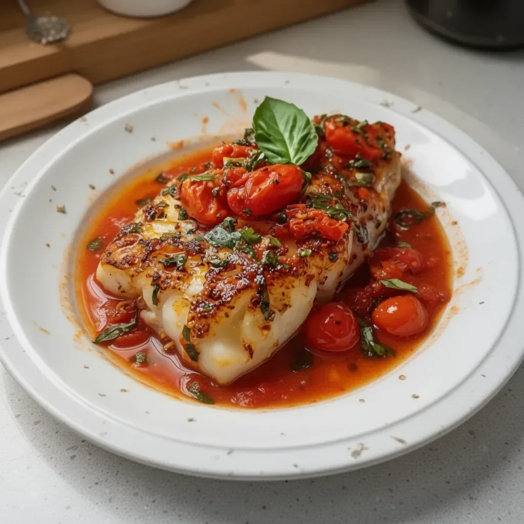 Plate of Mediterranean Cod in Tomato Basil Sauce garnished with fresh basil and tomatoes.