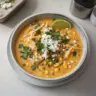 Creamy Mexican street corn soup garnished with cilantro and lime.