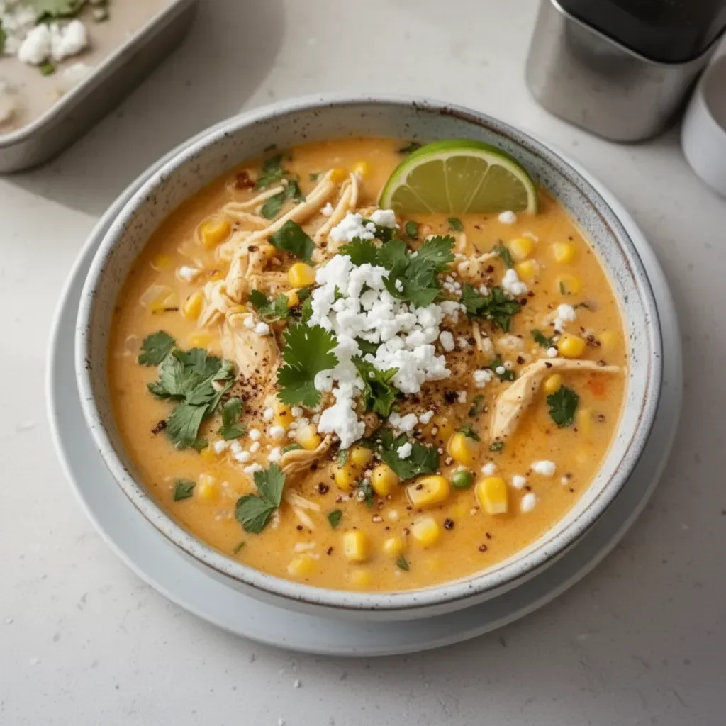 Creamy Mexican street corn soup garnished with cilantro and lime.