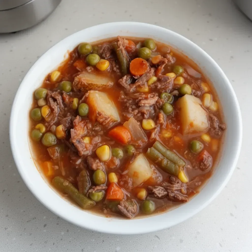 Bowl of Mom's Old-Fashioned Vegetable Beef Soup with colorful vegetables and beef chunks