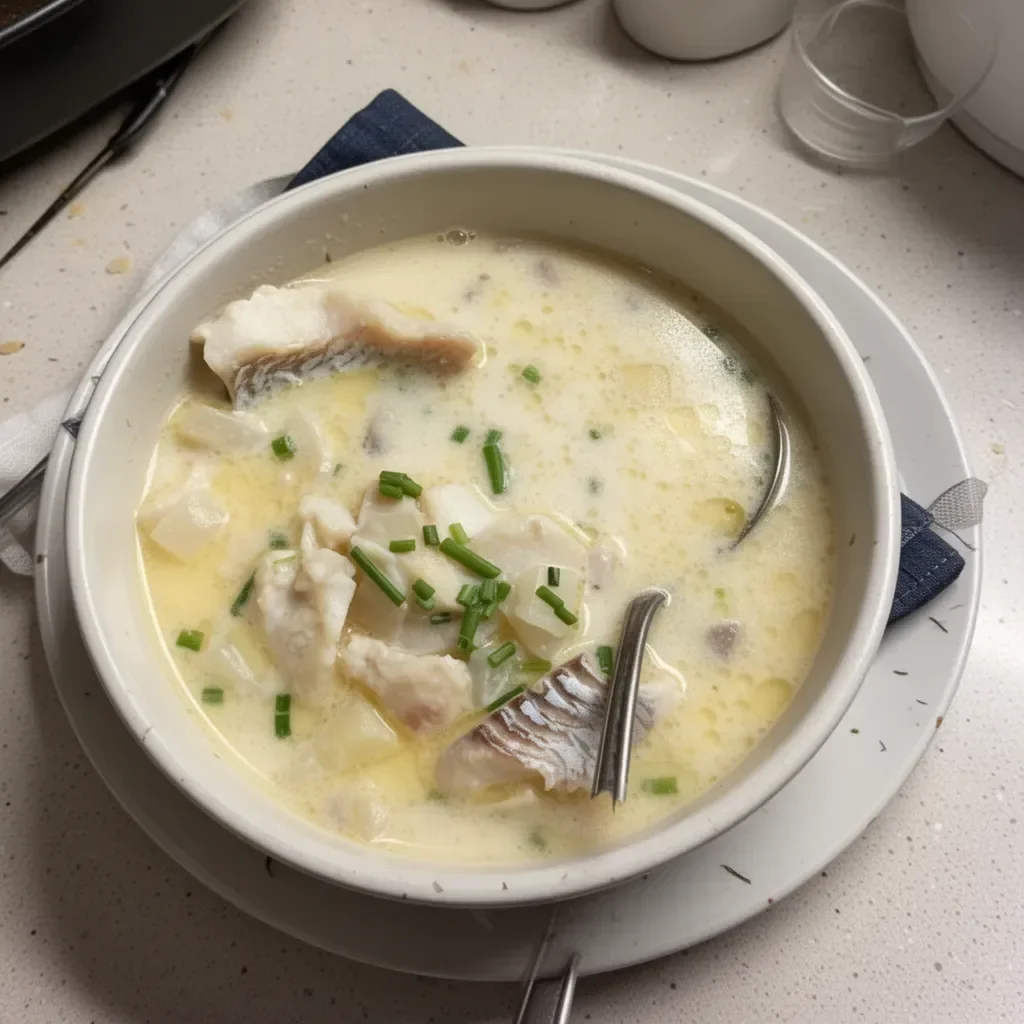 A bowl of New England fish chowder garnished with herbs and served with crusty bread.