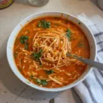 A steaming bowl of noodle soup garnished with fresh herbs and vegetables.