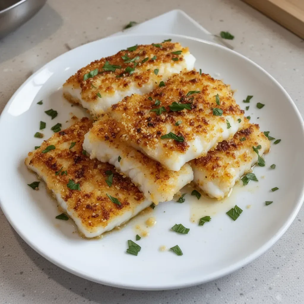 Deliciously crispy Parmesan Crusted Cod served on a plate