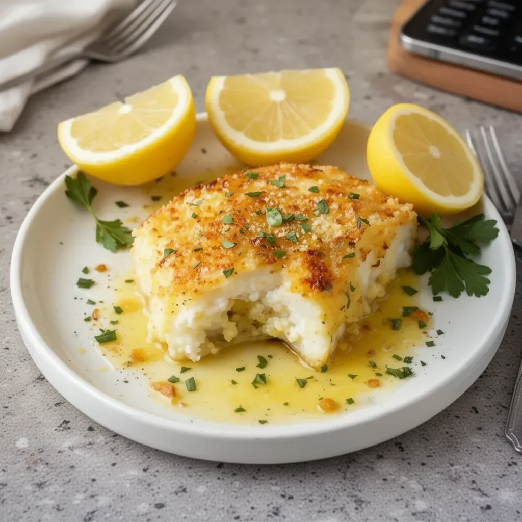 Parmesan crusted cod fillet served with a zesty lemon butter sauce
