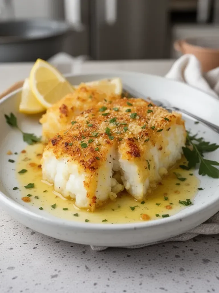 Parmesan Crusted Cod with Lemon Butter Sauce