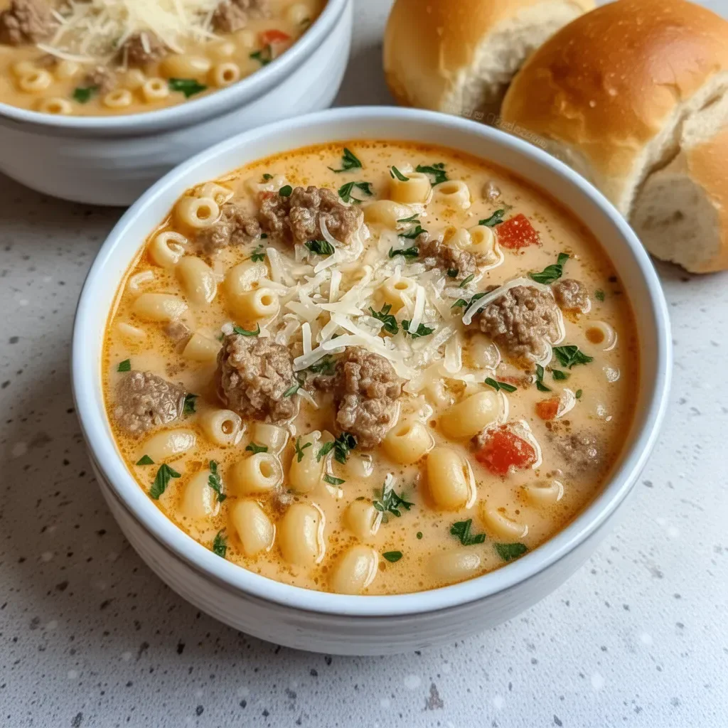 Delicious Parmesan Italian Sausage Ditalini Soup in a bowl