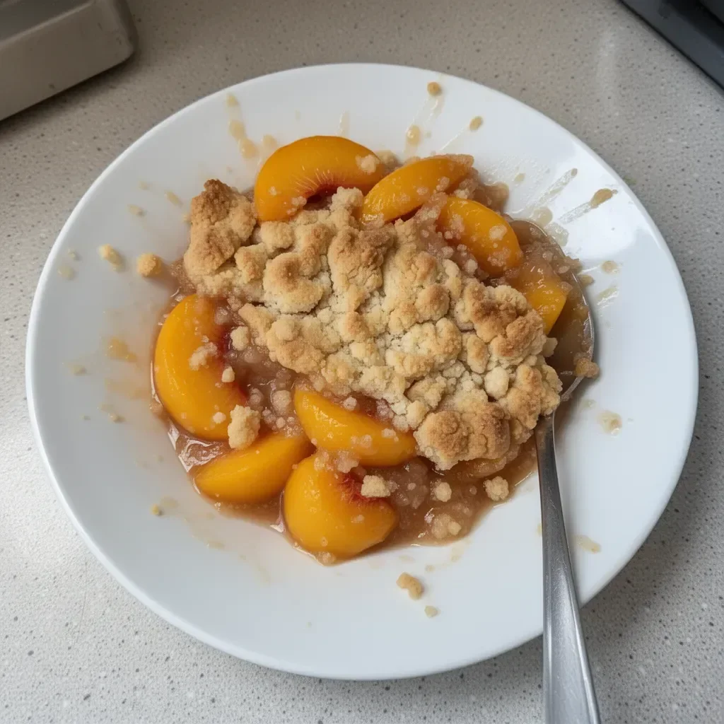 Delicious peach cobbler for two, fresh out of the oven, served in a small dish.