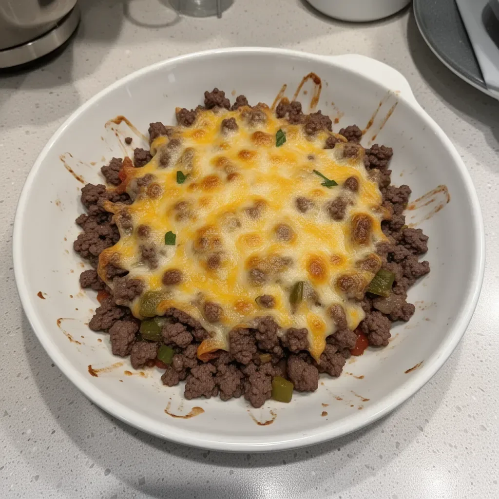 Quick ground venison casserole in a baking dish, ready to serve.