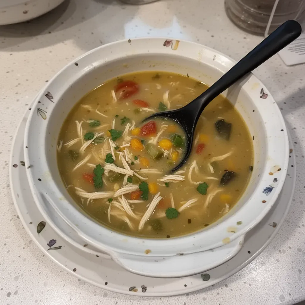 Bowl of Santa Fe Green Chile Chicken Soup with fresh ingredients and spices