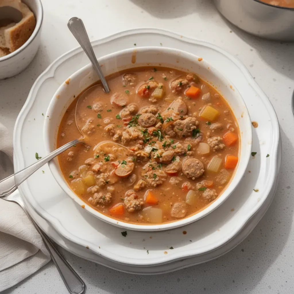 Bowl of delicious sausage soup garnished with herbs
