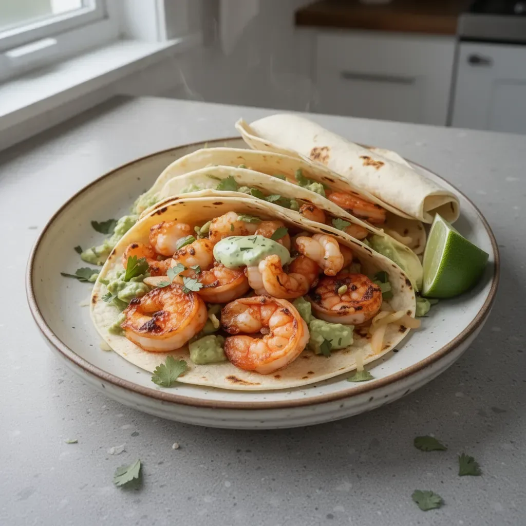 Delicious shrimp tacos with fresh toppings and vibrant colors