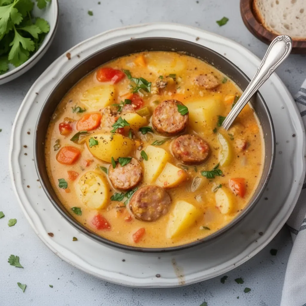Bowl of Slow Cooker Cajun Potato Soup topped with fresh herbs