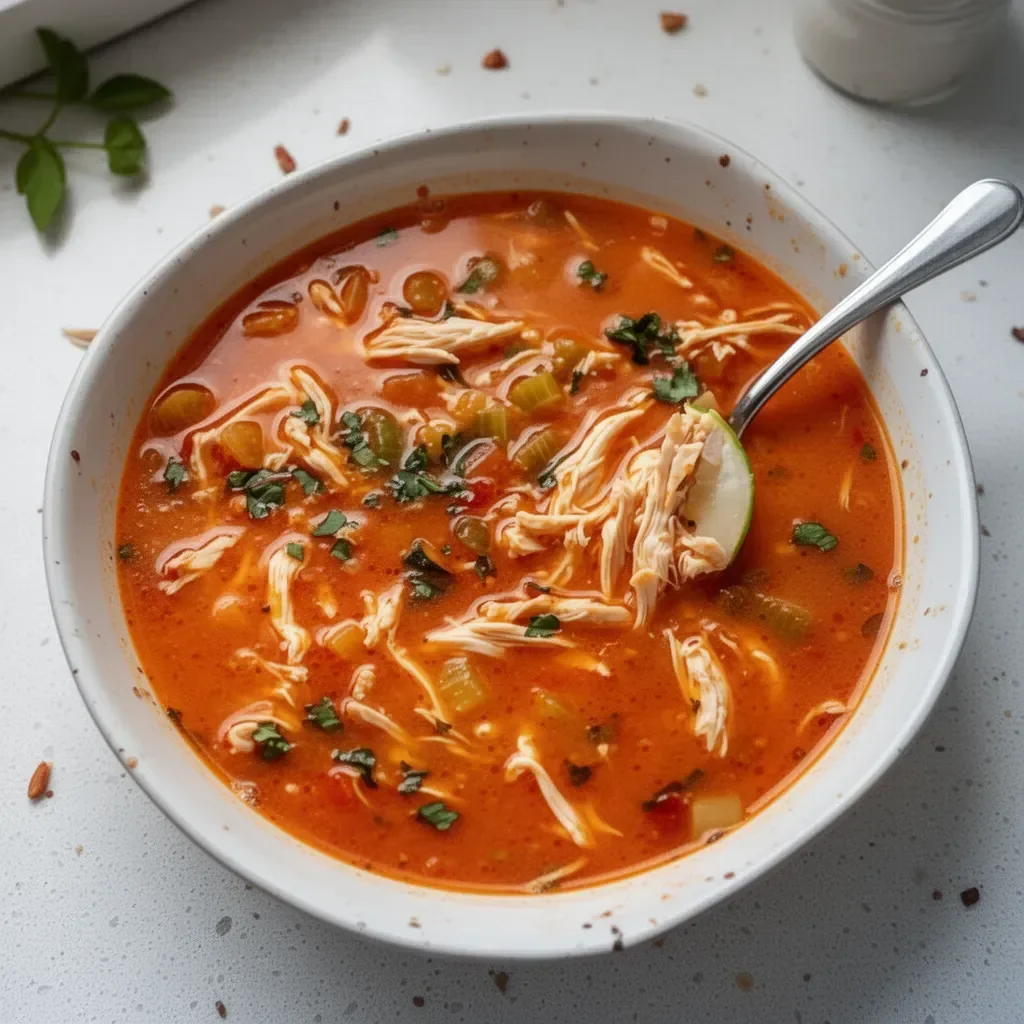 Bowl of spicy chicken soup garnished with herbs and spices