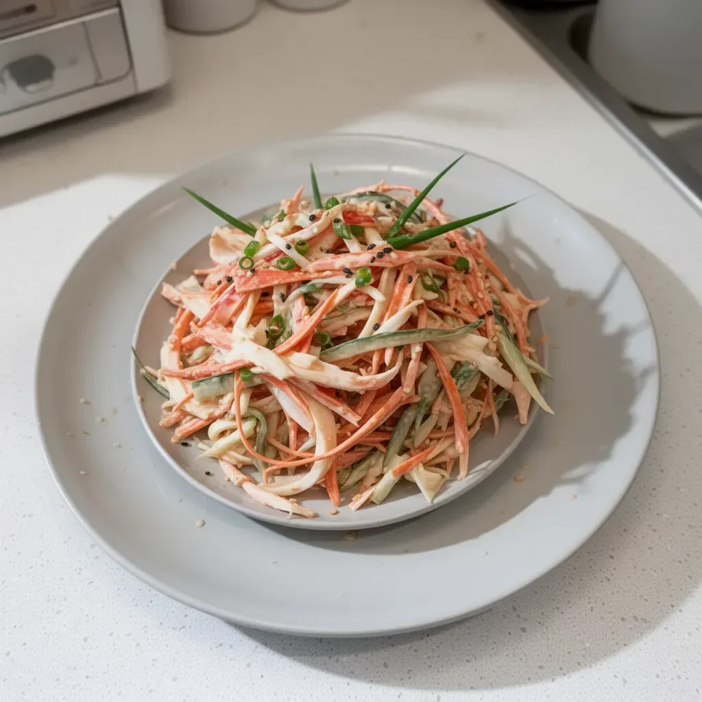 Delicious spicy crab salad made with fresh seafood and vibrant vegetables